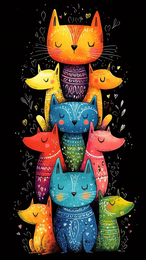 A stack of colorful cartoon cats and dogs in a triangular formation. The animals are all wearing patterned sweaters and have closed eyes. The image is set against a black background with white hearts and swirls scattered around the animals. The colors are vibrant and playful, and the overall feel of the image is whimsical and cheerful.