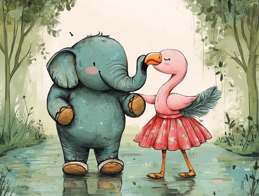 The image is a cute illustration of a blue elephant and a pink flamingo. The elephant is wearing brown shoes and the flamingo is wearing a pink dress. The flamingo has its beak touching the elephant's trunk, suggesting they are friends. They are standing on a green path, surrounded by green trees and bushes. The background is a light beige, giving the scene a soft and gentle feel.  The illustration is made with a whimsical and cartoonish style, adding to its charm.