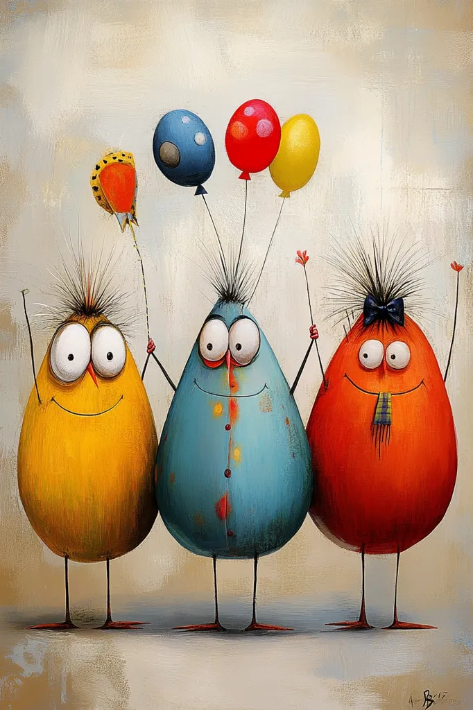 The painting depicts three whimsical creatures, each resembling an egg with large eyes and a smile. They are standing side-by-side, holding colorful balloons. The creature on the left is yellow, the middle creature is blue, and the creature on the right is orange. The painting is filled with vibrant colors and a cheerful atmosphere.
