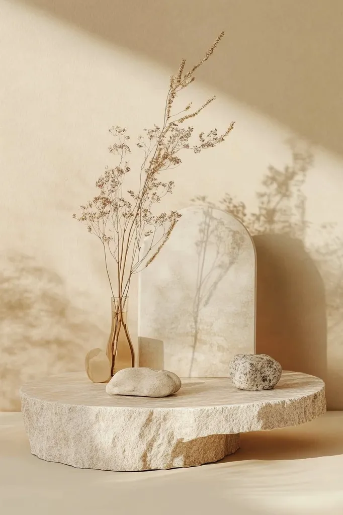 A minimalist still life featuring a stone pedestal, a vase with dried branches, and two stones. The scene is bathed in soft, natural light, creating a warm and inviting atmosphere. The muted colors and simple forms create a sense of tranquility and balance.