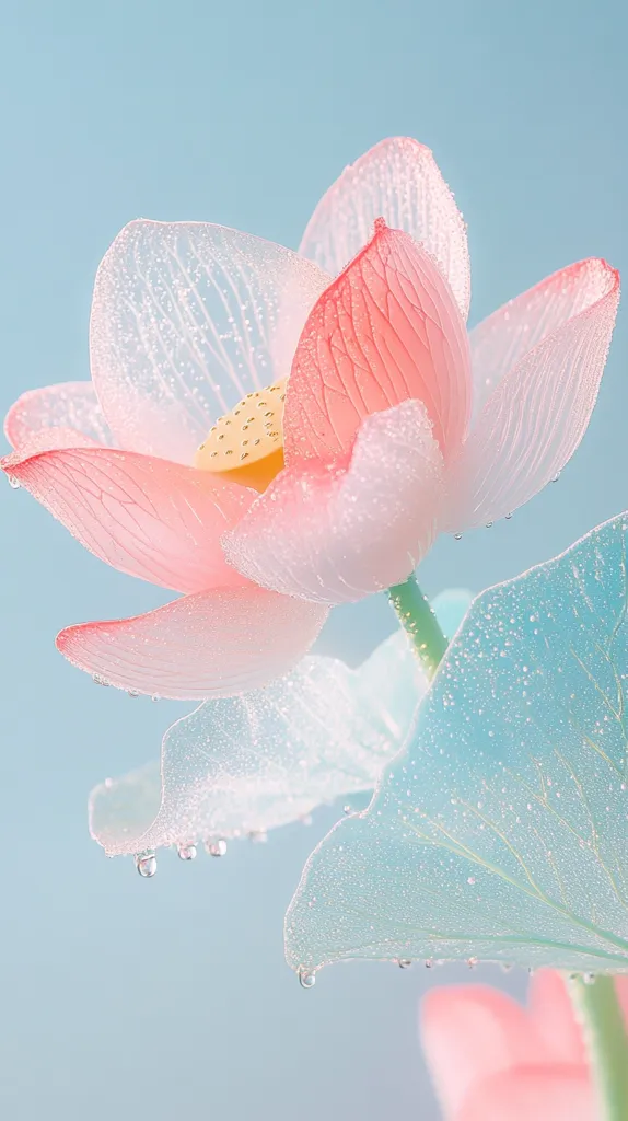 A delicate pink lotus flower with translucent petals, adorned with glistening water droplets, stands out against a soft blue background. The petals are delicately veined, showcasing the intricate beauty of nature. The image captures the ephemeral grace of the flower, highlighting its ethereal beauty.