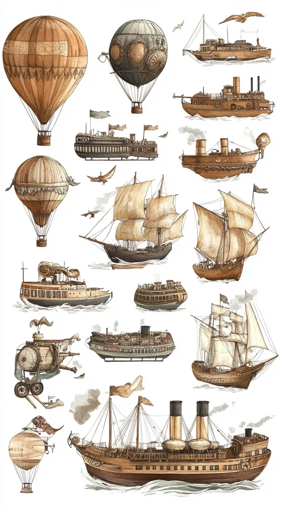 The image features a collection of whimsical, vintage-style airships and seafaring vessels. Hot air balloons, blimps, and ships of various designs are depicted with intricate details, including sails, propellers, and steam engines. The overall tone is whimsical and imaginative, evoking a sense of adventure and travel in a fantastical world. The colors are soft and muted, adding to the nostalgic feel.
