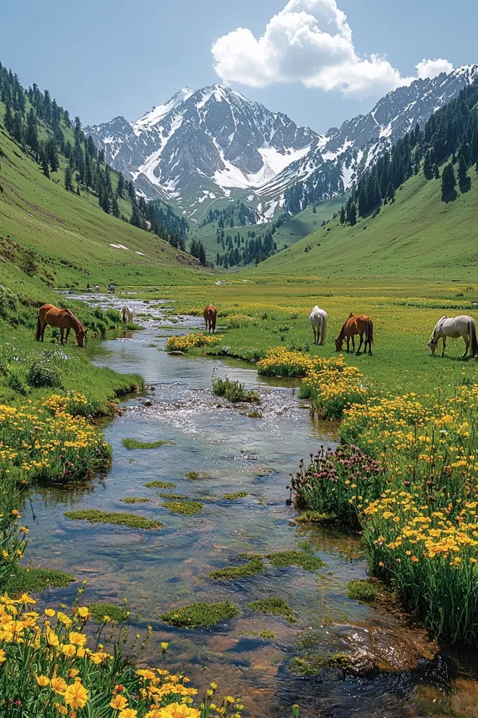 A winding stream flows through a lush green valley, framed by towering snow-capped mountains. A handful of horses graze peacefully in the meadows, enjoying the idyllic scenery. The clear blue sky above is dotted with fluffy white clouds, adding to the beauty of this serene landscape. Wildflowers bloom in abundance along the riverbanks, adding splashes of vibrant yellow to the scene. The air is likely crisp and fresh, with the sound of birdsong filling the valley.  This is a picture of tranquil nature at its best.