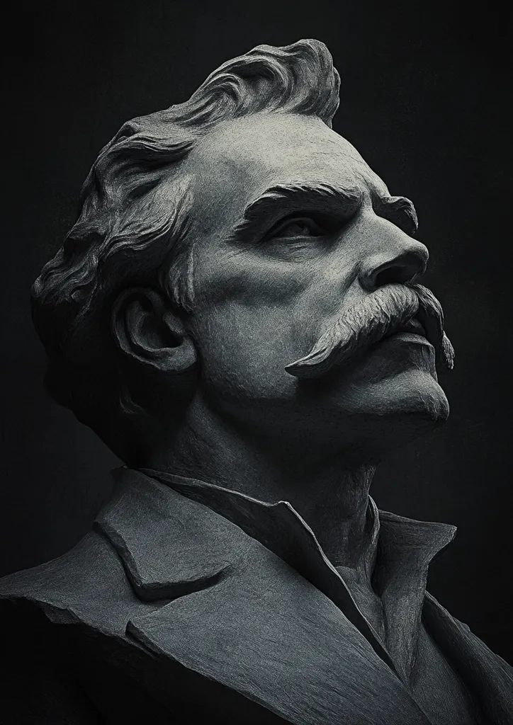 The image is a close-up of a sculpted bust of a man. He has a thick mustache and is looking up to the right with a stern expression. The sculpture is made of a dark material, possibly stone or clay, and is lit from the front, creating deep shadows. The man's hair is styled with a side part and brushed back. He appears to be wearing a jacket with a high collar. The sculpture is detailed and realistic, capturing the man's facial features with precision.