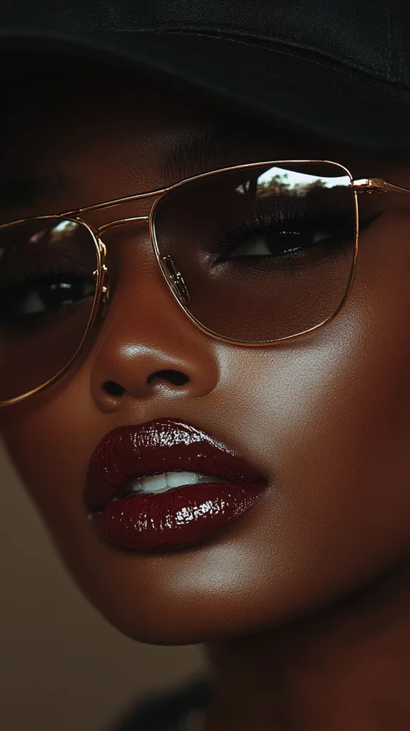A close-up shot of a woman's face. She is wearing sunglasses and has a dark skin tone. Her lips are painted a deep red and are slightly parted, revealing a hint of her teeth. The image is focused on the woman's face, and the background is blurred. The lighting is soft and warm. The image has a sultry and alluring feel.