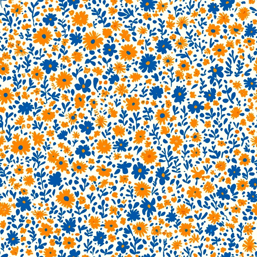 A white background is covered with a dense, repeating pattern of blue and orange flowers. The flowers are simple and stylized, with a few leaves scattered amongst them. The pattern is cheerful and bright, with a touch of whimsy. It is reminiscent of a vintage floral print or wallpaper.