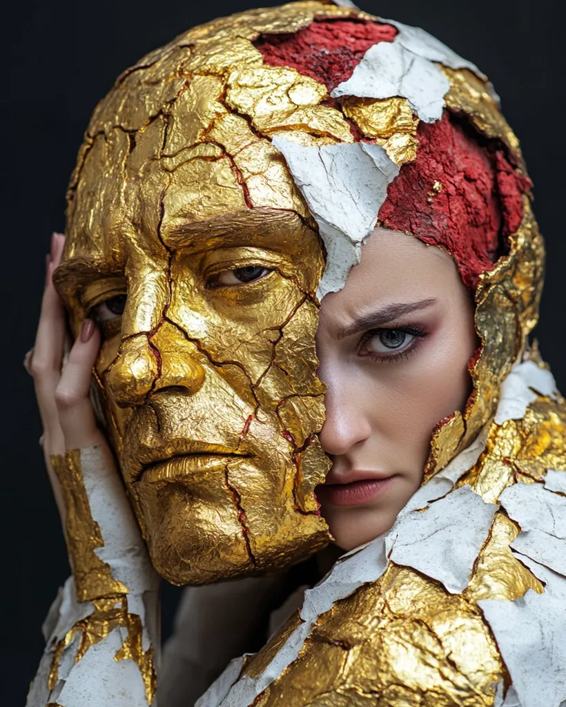 A woman's face is partially covered by a golden mask that is cracked and peeling. The mask is intricately detailed and shows a human face. The woman's real face is visible through the cracks in the mask. Her eyes are wide and intense, and her expression is one of both sadness and defiance. The background is dark, which creates a strong contrast with the golden mask. The image is a powerful and evocative representation of the human struggle to break free from societal expectations and embrace their true selves.