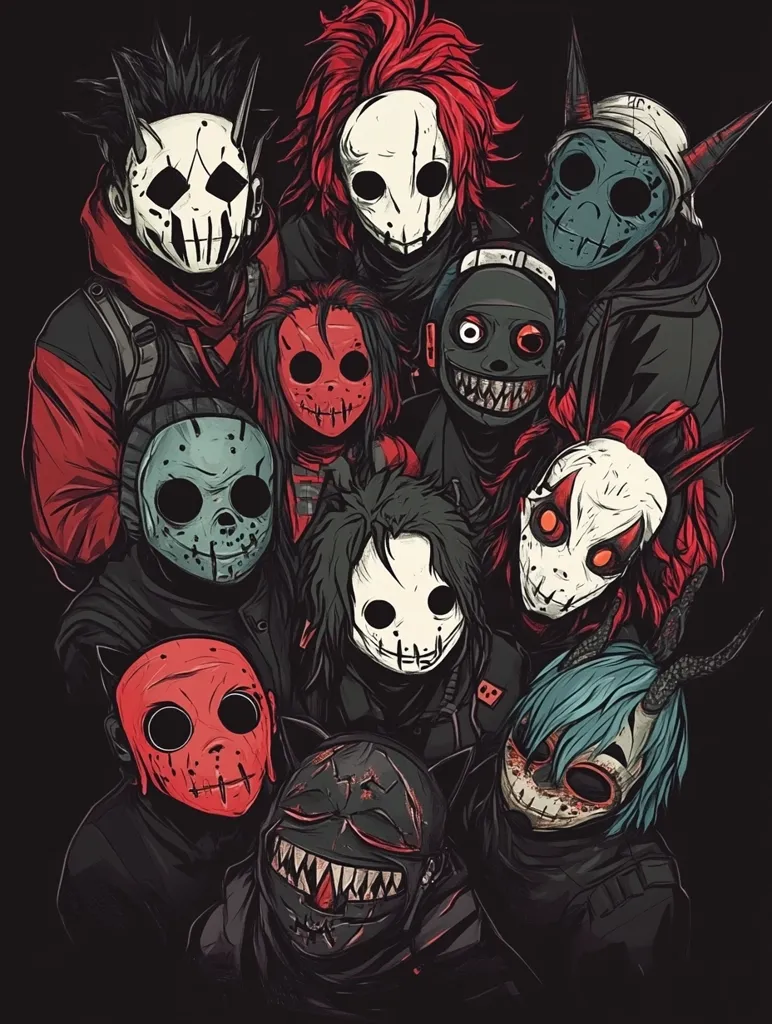 A group of ten masked individuals are shown in the image, all wearing different types of masks that cover their faces. The masks are all designed to be creepy and intimidating, with sharp edges and dark colors. Some of the masks have animal features, such as horns or fangs. The individuals are positioned in a way that suggests they are a team or group, and they all appear to be looking at the viewer. The background is black, which helps to emphasize the masks and make the image more eerie. The overall tone of the image is dark and menacing.