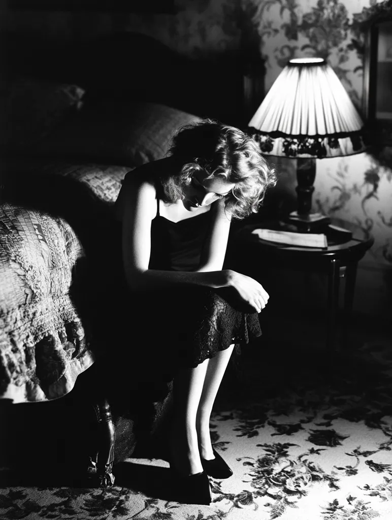 A woman in a black dress sits on the edge of a bed, her head bowed and her hands clasped on her lap. The only light source is a lamp with a fringed shade, casting shadows across the room. The patterned rug and floral wallpaper add to the sense of old-fashioned glamour. The image conveys a feeling of sadness or contemplation.