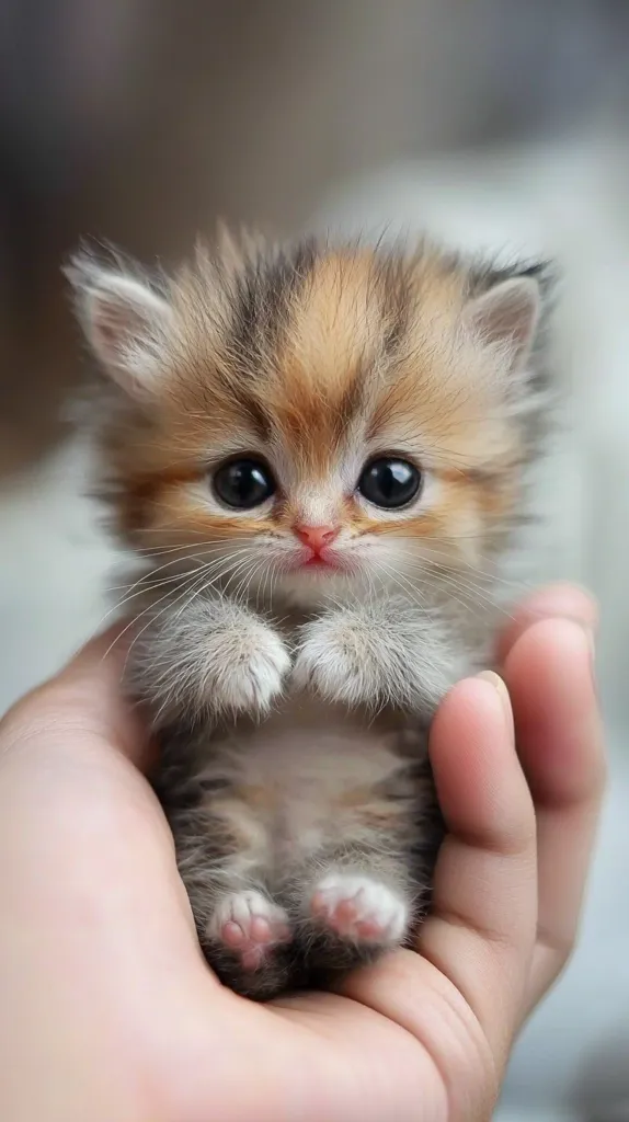 A tiny kitten with big, round eyes is cradled in a human hand. The kitten's fur is a mix of brown, black, and white, and its paws are pink and white. Its tiny body is curled up in the palm of the hand, with its head tilted slightly to the side. The kitten's eyes are fixed on something out of frame, and its expression is curious and innocent. The image evokes feelings of tenderness and awe at the smallness and fragility of life.