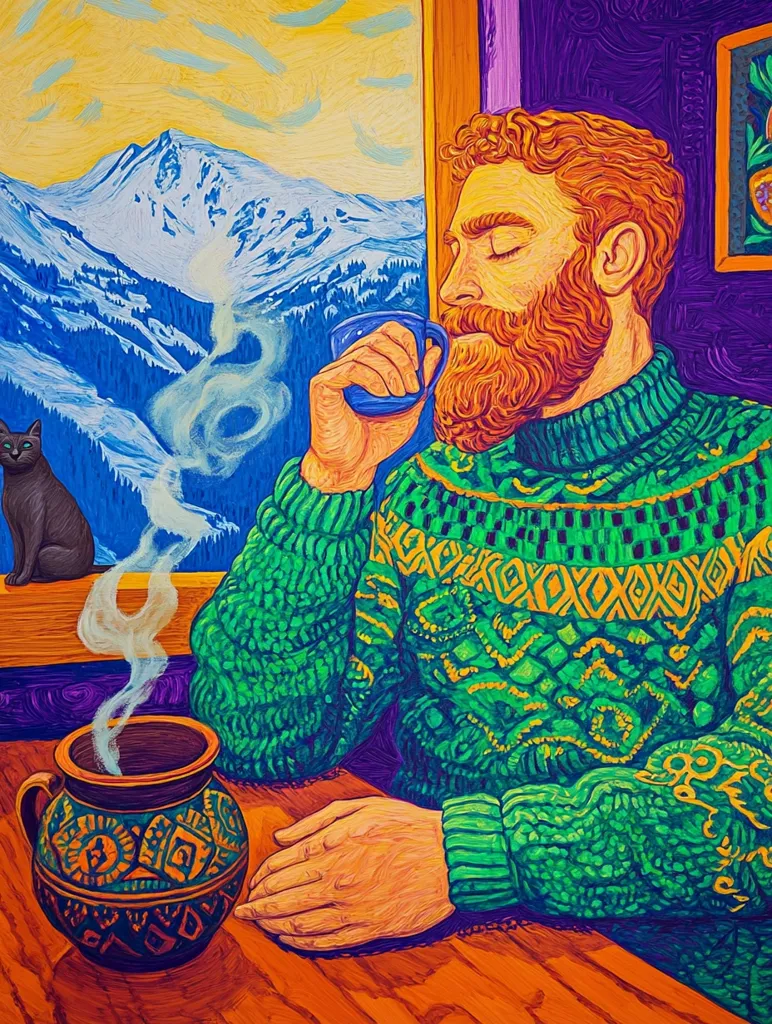 The image depicts a man with a thick red beard wearing a green patterned sweater, sitting at a table.  He has his eyes closed and is drinking from a blue mug.  The steam from his drink drifts upwards.  A black cat sits on a windowsill behind him.  A mountainous landscape can be seen through the window.  The scene is depicted in a colorful and stylized manner, with bright colors and exaggerated details.  The painting is likely an artistic representation of a moment of peace and tranquility.