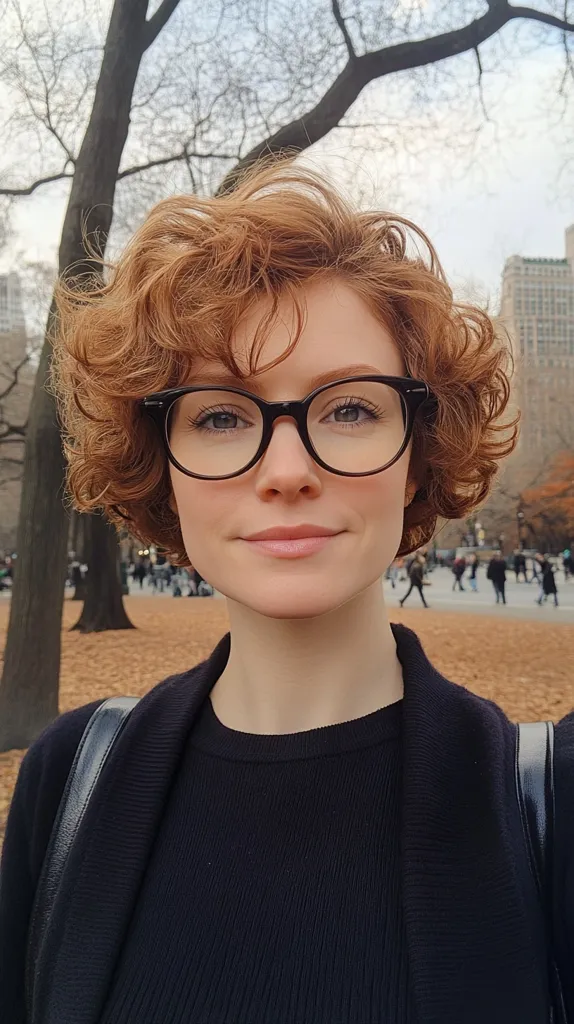 A young woman with curly red hair and round black-rimmed glasses smiles softly at the camera. She is wearing a black sweater and a black cardigan. She is standing in a park with trees and buildings in the background. The light is soft and warm, casting a gentle glow on her face.