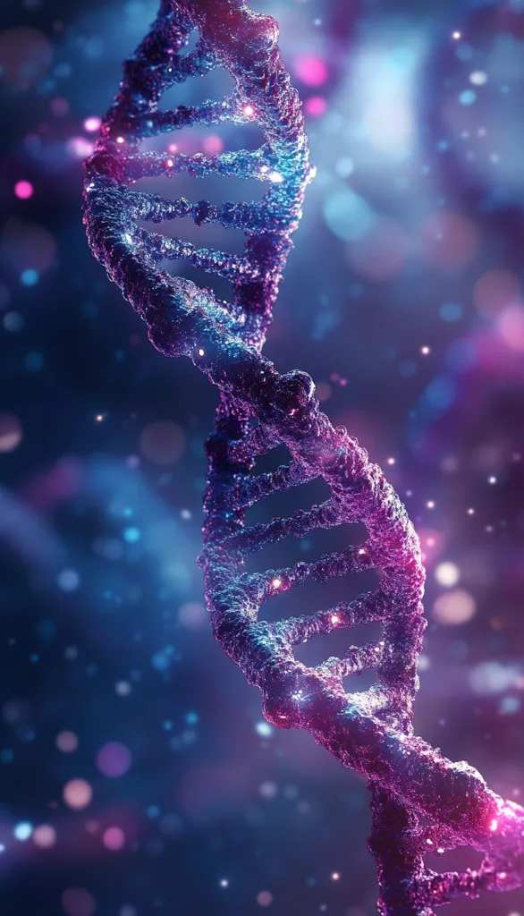 A 3D rendering of a DNA strand is depicted, showcasing its double helix structure. The strand is rendered in a vibrant purple and blue color scheme, with a subtle glow emanating from its surface. The background is a blurred and ethereal canvas of twinkling lights, creating a sense of depth and mystery.  The overall image is both scientific and artistic, capturing the beauty and complexity of genetic information.