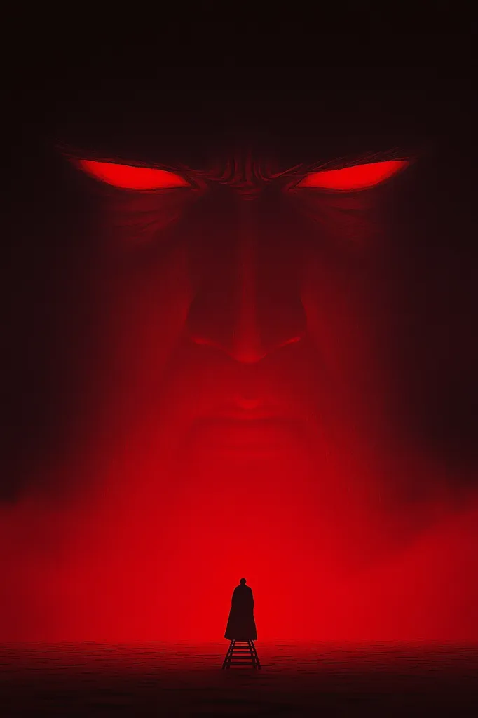 The image depicts a shadowy figure standing on a ladder in front of a massive, menacing face. The face is shrouded in darkness, but its eyes glow red, casting an eerie red light across the scene. The figure is dwarfed by the towering face, creating a sense of overwhelming power and dread. The minimalist composition and stark contrasts emphasize the confrontation between the two figures.