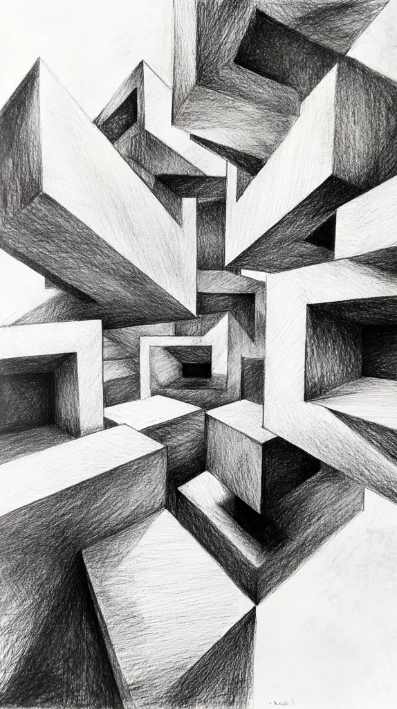 The image is a pencil drawing of a complex geometric structure. It appears to be a series of interlocking cubes and rectangular prisms, with shadows and highlights created through shading. The composition is dynamic, with the forms overlapping and intersecting in a seemingly impossible way. The drawing has a sense of depth and perspective, creating an illusion of a three-dimensional space.