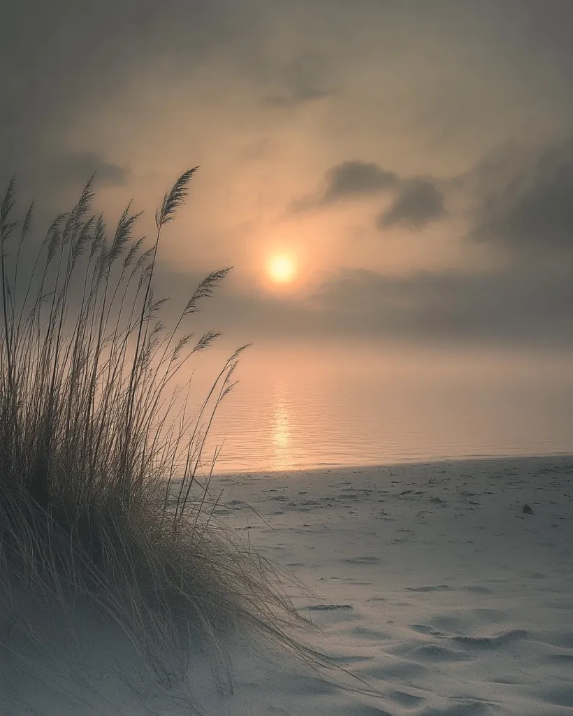 A cluster of tall grass stands on a sandy beach, facing a calm body of water. The sun, hidden behind clouds, casts a warm glow over the scene, creating a serene and tranquil atmosphere. The water is still and reflects the golden light of the sky, creating a sense of peace and serenity.  The image captures the beauty of a quiet moment in nature, bathed in the soft light of a hazy sunrise.
