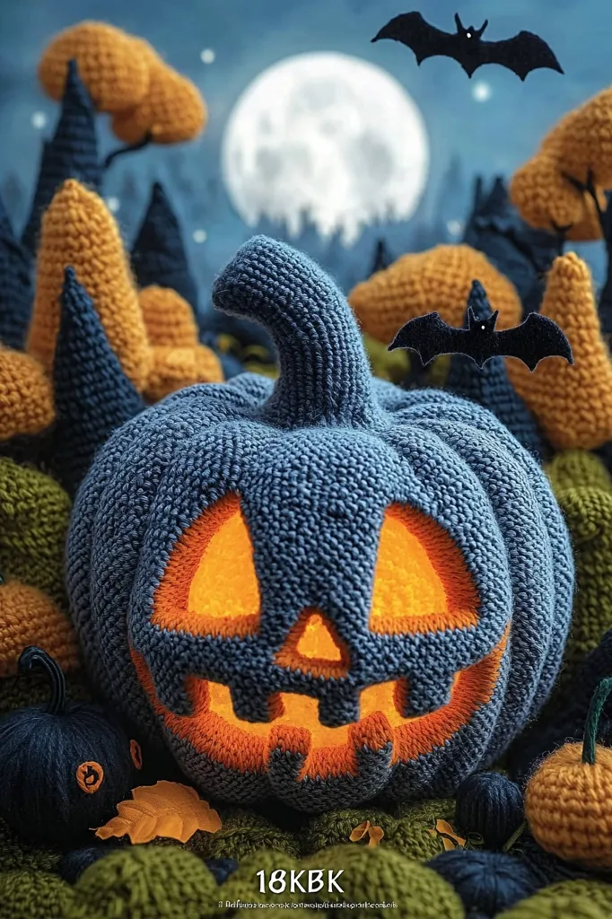 A large crocheted blue pumpkin with an orange jack-o'-lantern face sits in the center of the image. It is surrounded by smaller crocheted pumpkins in various colors. The image has a whimsical feel and appears to be a Halloween scene, with a full moon and bats in the background.