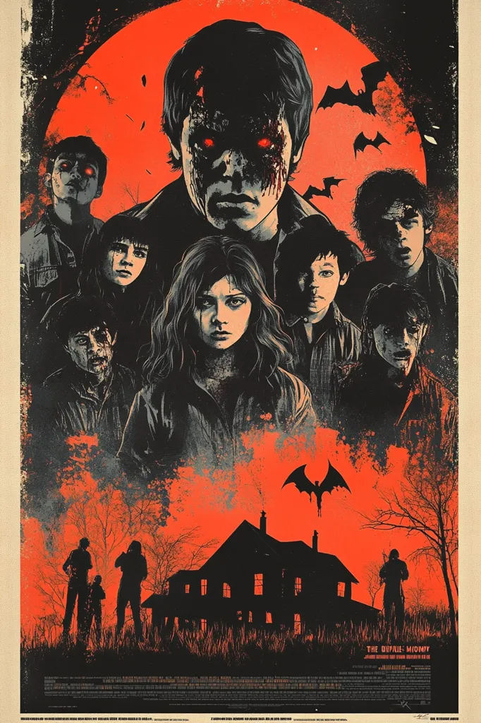 The image is a poster for the horror movie "The Dirtie Birdie". It depicts a group of children surrounded by a shadowy figure with glowing red eyes, all set against a backdrop of a red moon and a silhouette of a house with a bat flying above it. The poster's dark, stylized artwork evokes a sense of dread and suspense, hinting at a terrifying story unfolding within the house.