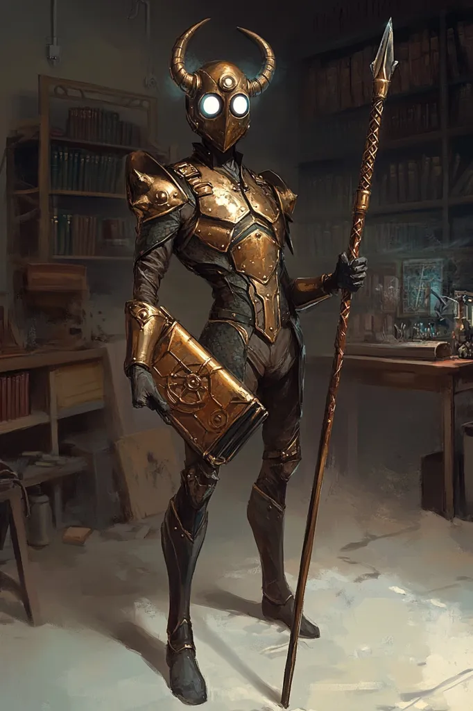 A humanoid figure, clad in intricate, golden armor, stands with a long staff and a book. The figure has a helmet with glowing white eyes and horns, adding a mysterious and otherworldly air. The setting is a dimly lit room with shelves filled with books, suggesting a place of knowledge and secrets. The figure's stance and the items they hold create an aura of power and mystery.