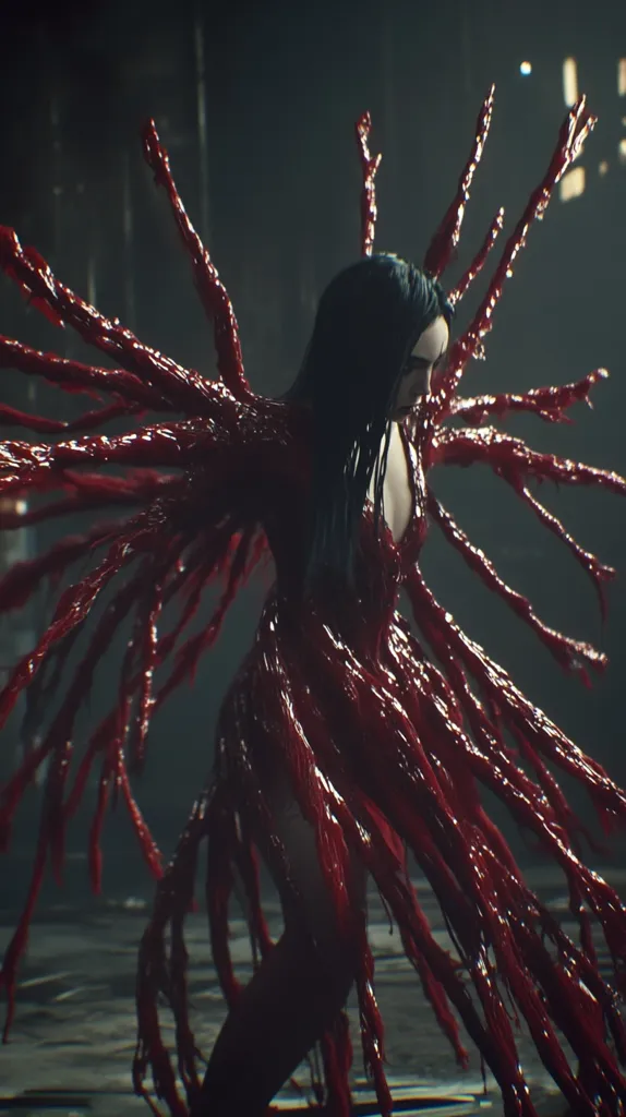 The image depicts a woman with long black hair, covered in a crimson, viscous substance. It appears to be a costume, perhaps for a film or theatrical production, resembling a grotesque, blood-soaked gown. The image conveys a sense of darkness, horror, and the macabre. The woman's face is partially obscured, adding to the mystery and intrigue.