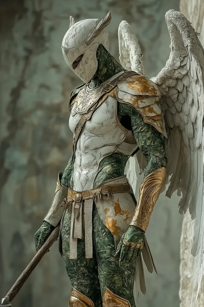 A warrior angel stands with a staff in hand, their face obscured by a helmet with feathered wings. The angel is clad in weathered armor, a blend of white, gold, and green, hinting at a past filled with battles. The image evokes a sense of both power and solemn reflection.
