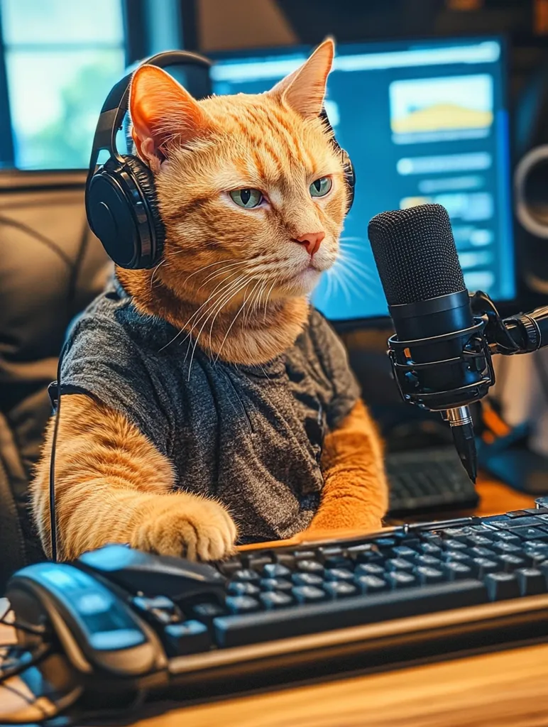 A ginger cat wearing a grey shirt and headphones sits at a computer desk. Its paws rest on a black keyboard, and a microphone is positioned close to its face. The cat appears to be focused on something in front of it, perhaps a screen or a task at hand. The background features a blurry computer monitor and a dark room. The scene evokes a sense of playful curiosity and a hint of technology.