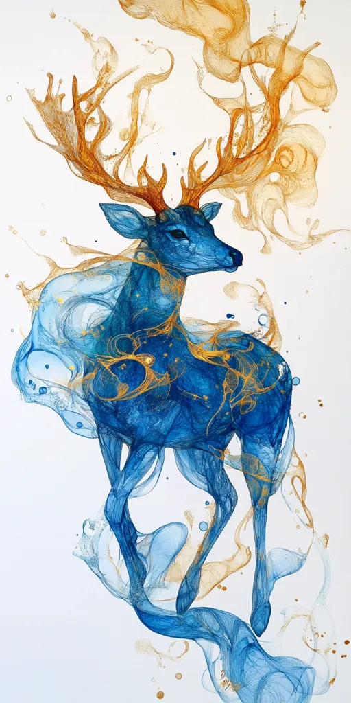 The image depicts a blue deer, outlined in intricate, swirling lines. Its antlers branch out into gold, forming an abstract design that resembles smoke or water. The deer is set against a white background with scattered gold dots, creating a sense of delicate beauty and ethereal movement.