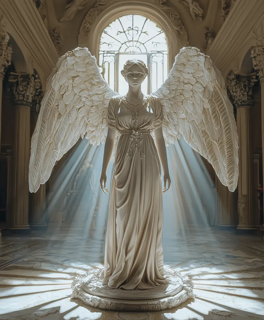A marble statue of an angel stands in a grand, ornate hall. The angel has large feathery wings and is dressed in a flowing gown. Sunlight streams in through a window behind the statue, illuminating the angel and casting long shadows on the floor. The statue's serene expression and outstretched wings convey a sense of peace and divine grace.