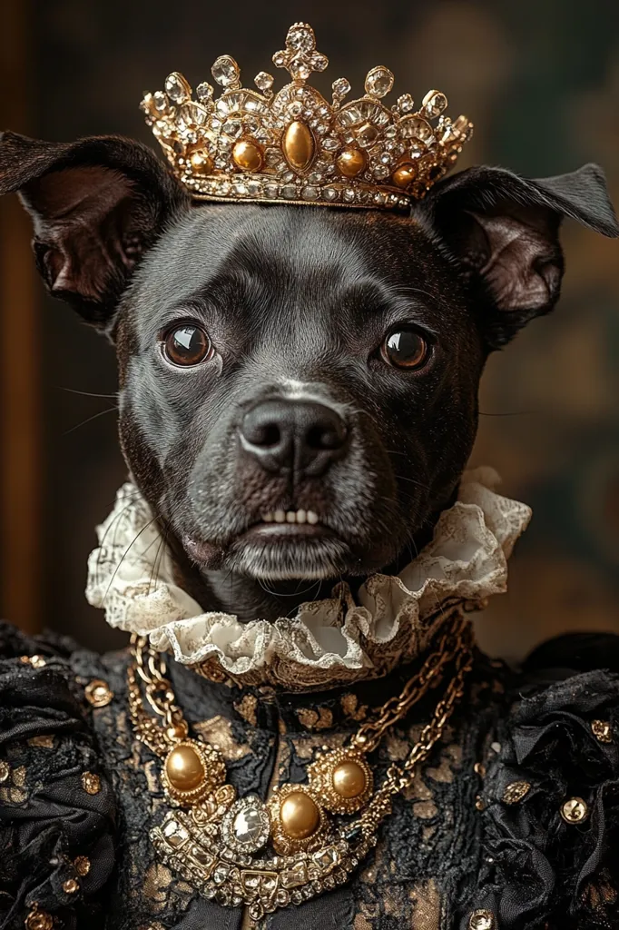 A black dog with a serious expression wears a gold crown, a lacy white collar, and a thick gold chain with large gold and diamond embellishments. The dog is dressed in a black, lacy outfit. The background is a blurred brown and gold. The image has a humorous and whimsical feel.
