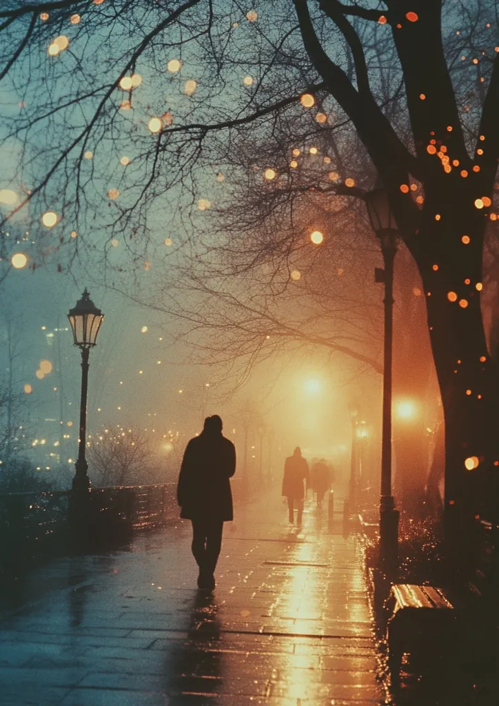A lone figure walks down a misty, cobblestone street lined with trees. The air is filled with a soft glow from streetlights and twinkling lights strung overhead. The sidewalk is wet from a recent rain, reflecting the warm light and creating a dreamy atmosphere. The scene evokes a sense of quiet solitude and a peaceful night.