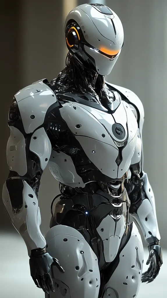 The image shows a humanoid robot with a sleek, futuristic design. It is primarily white with black accents and a glossy finish. Its helmet features an orange visor and a circular design. The robot's limbs are articulated and detailed, giving it a sense of power and mobility. The image captures the robot's imposing presence, hinting at advanced technology and potential capabilities.