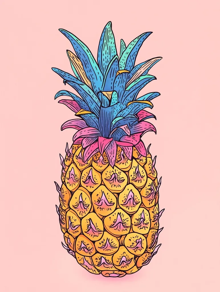 The image shows a brightly colored pineapple with a yellow fruit and pink and blue leaves against a light pink background. The leaves are stylized and have a spiky, geometric design. The pineapple has a detailed texture showing individual scales. The image is drawn in a vibrant, modern style, suggesting a tropical or summery theme.