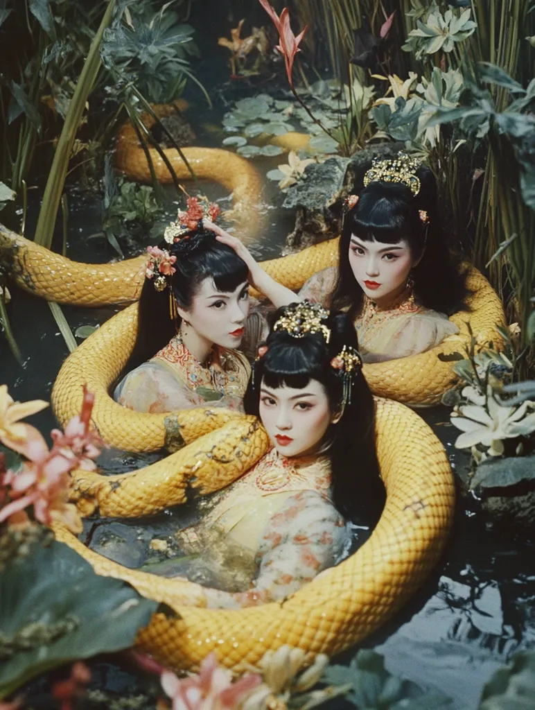 Three women dressed in traditional Chinese clothing are posed with a large yellow snake in a lush green pond. The women have dark hair and elaborate headdresses. The snake wraps around them in a symbolic display of power and mystery. The scene evokes a sense of otherworldly beauty and danger.