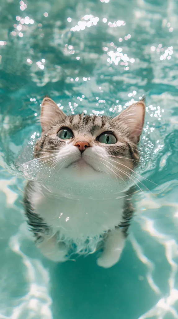 A tabby cat with white fur on its chest and chin is swimming in a pool of turquoise water. The cat's head is above the waterline, and its eyes are wide open, gazing up at the camera. The water is rippling and bubbly, creating a soft and dreamy effect.  The cat's wet fur is visible, adding to the sense of movement and energy in the image.