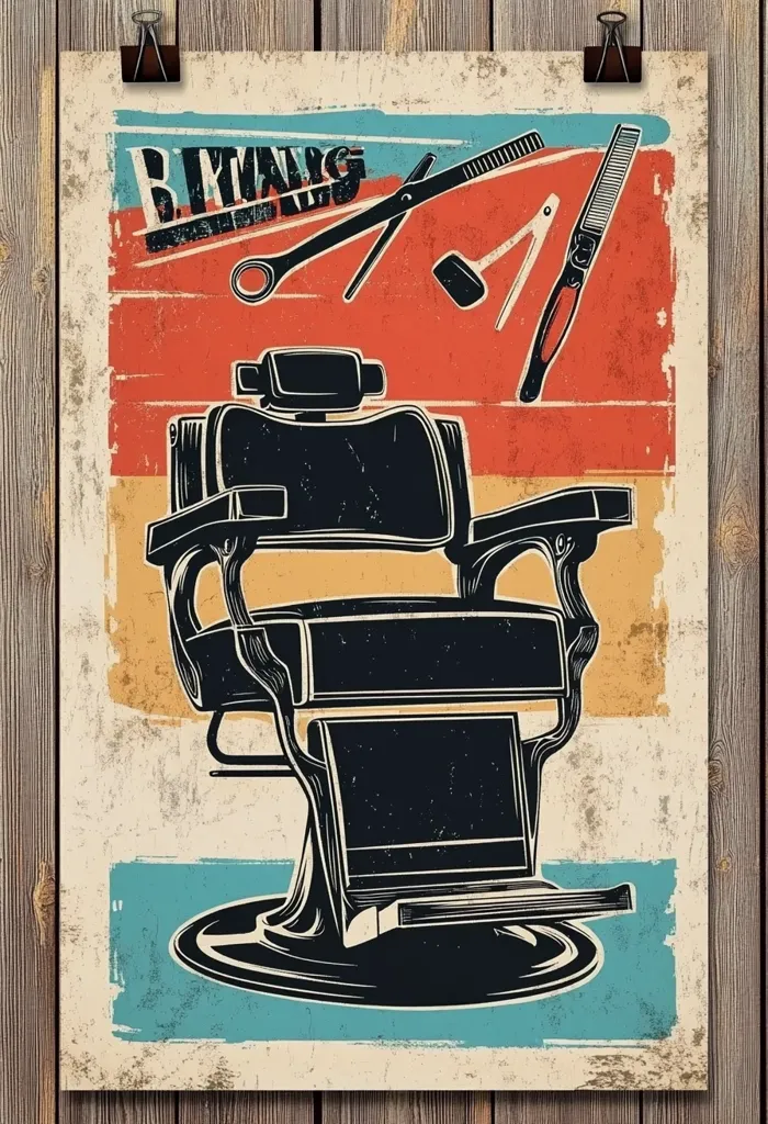 The image is a vintage-style poster for a barbershop. It features a black barber's chair in the center, with a red, white, and blue color scheme. The chair is positioned on a textured background with the words "Barber" at the top.  The poster has a retro feel, with a faded and worn look. There are also images of barbering tools, such as scissors, combs, and a razor. The image evokes a sense of nostalgia and classic barbershop tradition.