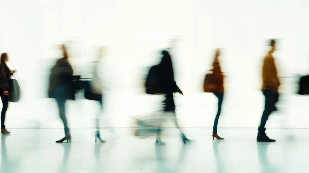 The image shows a group of people walking in a white space. They are all blurred, creating a sense of motion and anonymity. The people are wearing various clothes, including jackets, pants, and shoes. The image captures the feeling of movement and the fleeting nature of time.  There is a sense of isolation as the people don't interact with each other.  The overall feeling is one of anonymous movement, the people blend into the white space.