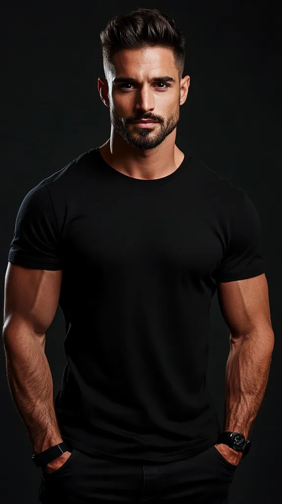 A young man with short dark hair and a well-defined jawline is wearing a black t-shirt and black pants. He has a ruggedly handsome face, with dark stubble and piercing eyes. His arms are crossed, and he is looking directly at the camera with a serious expression. The background is a solid dark color, which makes the man's features stand out. He is confidently posing, showcasing his muscular physique.  The lighting is soft and diffused, creating a moody and enigmatic atmosphere. The image suggests strength and determination.