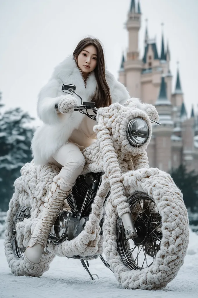 A young woman in a white fur coat and white pants sits on a motorcycle completely covered in white yarn. The motorcycle is parked in a snowy setting with a fairytale castle in the background. The woman is looking directly at the camera. The scene is both stylish and whimsical.