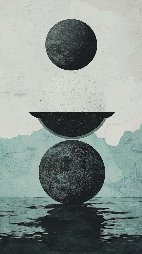A minimalist abstract image featuring three black spheres stacked on top of each other. The top sphere is solid black, the middle sphere is a crescent shape, and the bottom sphere is partially obscured by a blue-grey background.  The spheres are positioned above a body of water that reflects the spheres. The image is a study in form and balance.  It is a simple yet intriguing composition.