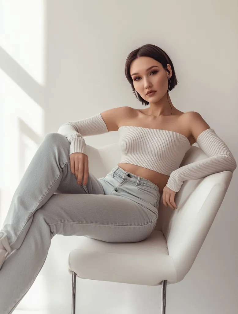 A young woman with short dark hair sits in a white chair against a white wall. She is wearing light blue jeans and a white off-the-shoulder sweater. Her right arm is resting on the back of the chair, and her left arm is resting on her thigh. Her gaze is direct, and she has a neutral expression.  The lighting is soft and the image has a minimalist aesthetic.