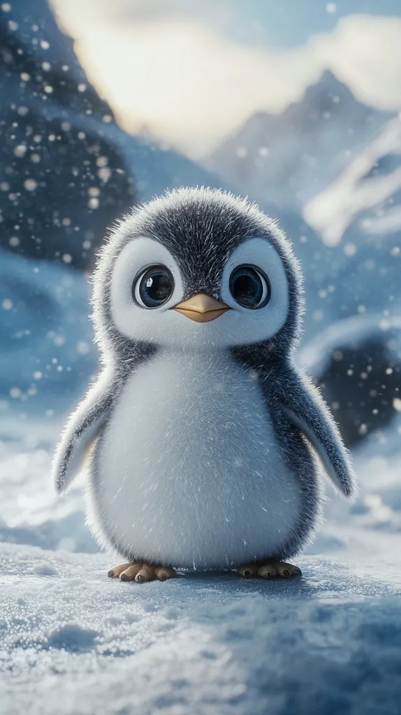 A fluffy, baby penguin stands on a snowy surface, looking directly at the viewer with large, curious eyes. The penguin has a white belly and a gray back, and its small beak is open slightly as if it is about to speak. The background is a snowy landscape with blurry mountains. The image has a soft, dreamy quality and evokes feelings of warmth and cuteness.