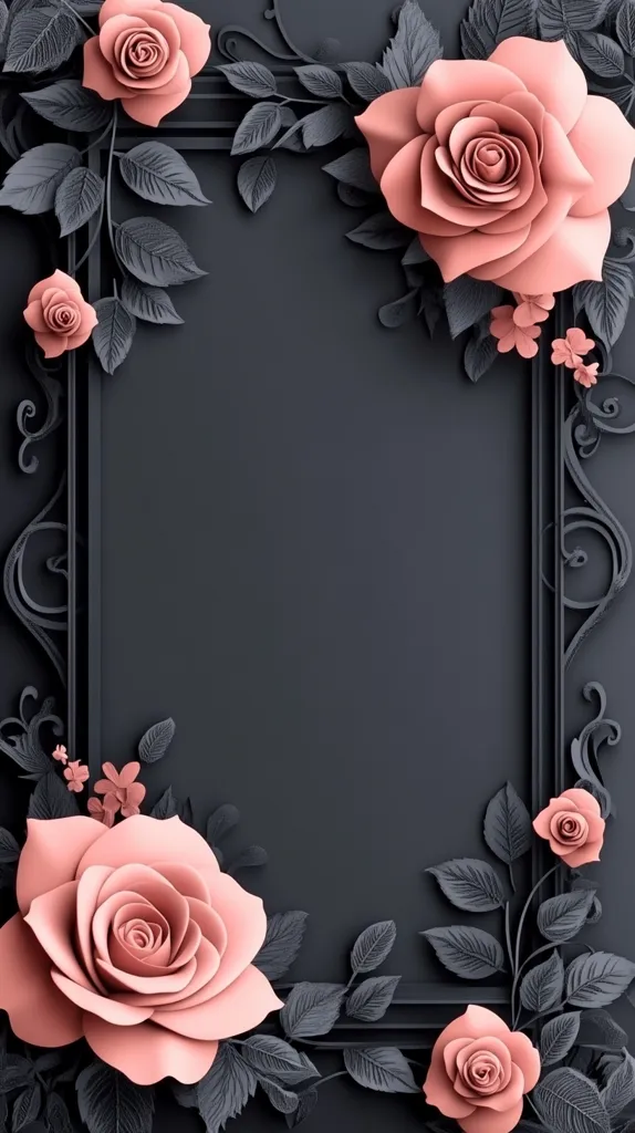 The image shows a dark grey background with a light grey ornate frame. The frame is adorned with delicate, paper-like pink roses and leaves, creating a 3D effect. The roses are arranged around the frame, with some partially obscured by the ornate details. The image evokes a sense of elegance and sophistication, with the contrast between the dark background and the delicate pink blooms.