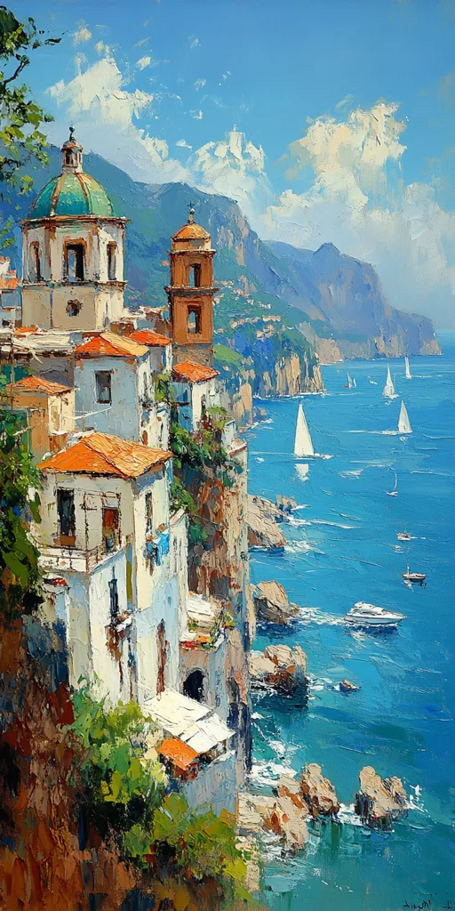 A picturesque coastal town nestled amidst rugged cliffs, bathed in the warm glow of a sunny day.  Whitewashed buildings with terracotta roofs cascade down the hillside, overlooking a sparkling blue sea dotted with sailboats. The sky is a canvas of azure and white clouds, adding to the scene's idyllic charm.