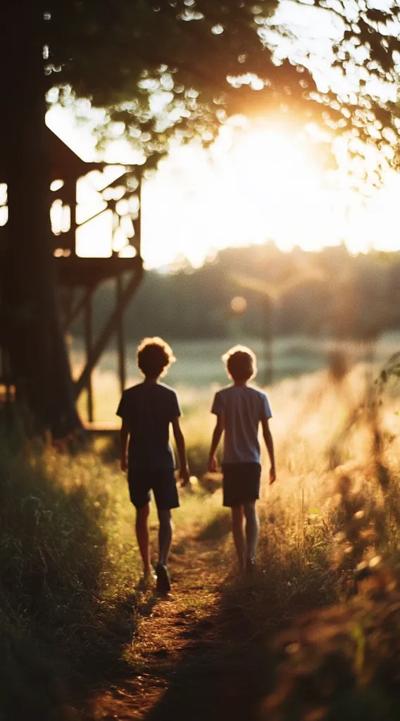 Two young boys, silhouetted against the setting sun, walk away from the camera along a path. The boys are walking in a field, with tall grass and a tree line in the distance.  The light from the setting sun creates a warm, golden glow over the scene.  There is a wooden structure, possibly a treehouse, in the background to the left.