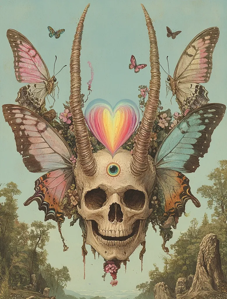 The image depicts a human skull with long horns and a third eye, adorned with vibrant flowers and butterflies. The skull is framed by large butterfly wings, each with unique patterns and colours.  A radiant, rainbow-coloured heart sits above the skull, symbolizing love and life amidst mortality.  The background features a serene landscape with trees and rocks, creating a contrast between the vibrant skull and the tranquil setting.