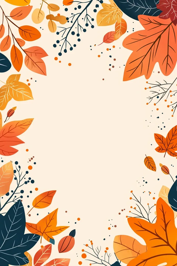 The image is a frame of autumn leaves in various shades of orange, yellow, and red.  The leaves are arranged in a symmetrical pattern around a blank cream-colored background. The leaves are stylized and have a simple, cartoonish look. There are small dark blue dots scattered throughout the background, as if they are falling leaves. The leaves create a warm and inviting border.  The image is perfect for a greeting card, invitation, or announcement.