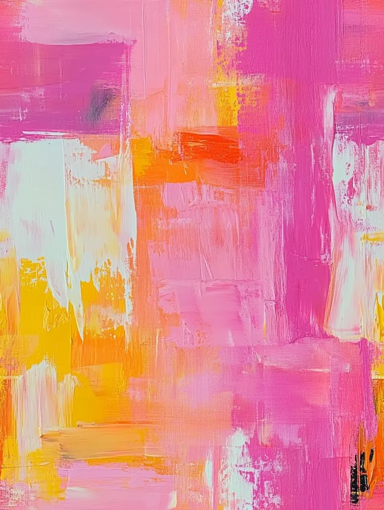 The image is an abstract painting with vibrant colors. The dominant color is pink, with splashes of yellow and orange throughout. The thick, layered brushstrokes create a textured effect, reminiscent of a sunset sky.  The colors are bright and energetic, conveying a sense of joy and optimism.  There is a slight suggestion of horizontal and vertical lines, hinting at a sense of structure and order.  Overall, the painting is a captivating exploration of color and form.