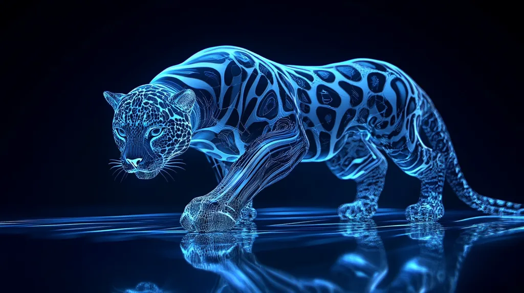 A digital rendering of a jaguar, rendered in a vibrant blue. It is shown in a crouching pose, its muscles and fur defined by intricate lines of light. The jaguar's eyes are glowing, reflecting the surrounding darkness. It is reflected in a still, blue water surface, adding a sense of depth to the image. The image depicts a futuristic and abstract take on a classic animal.