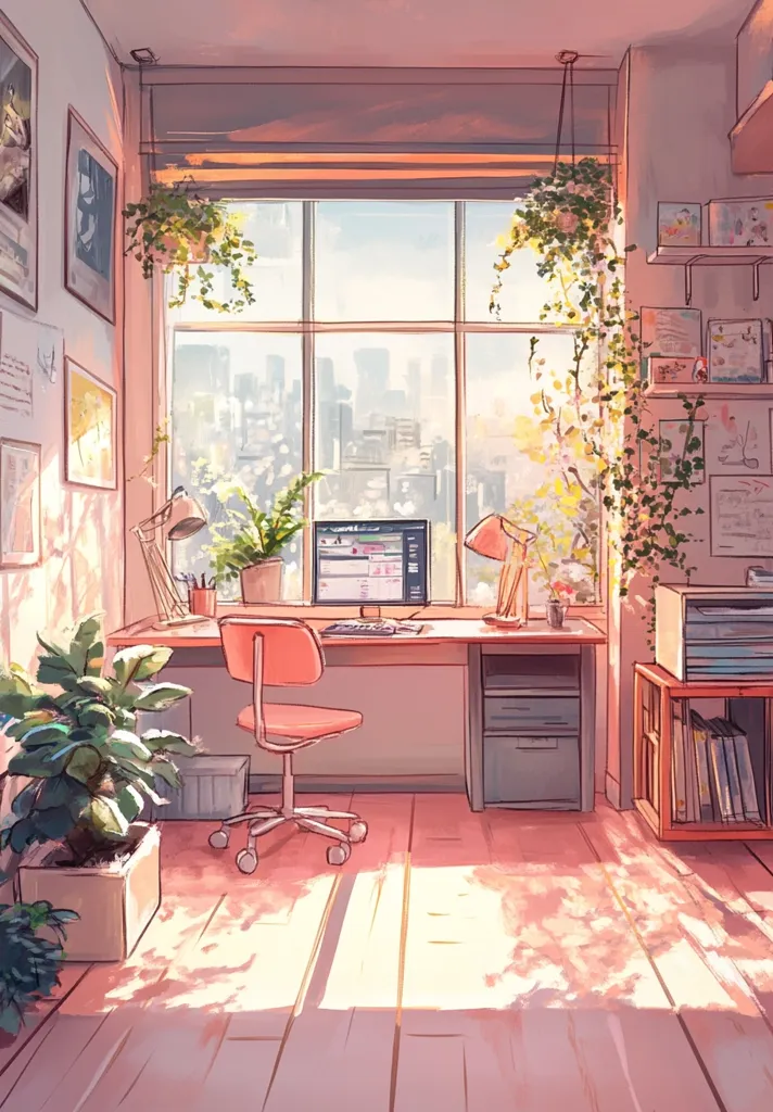 A bright and airy home office space, flooded with warm sunlight streaming through a large window overlooking a cityscape. The desk is tidy, with a computer and desk lamp. A pink chair sits invitingly, and lush green plants add a touch of nature. Shelving holds books and other items, creating a cozy and inspiring workspace. The overall vibe is calm and inviting, perfect for creative pursuits.
