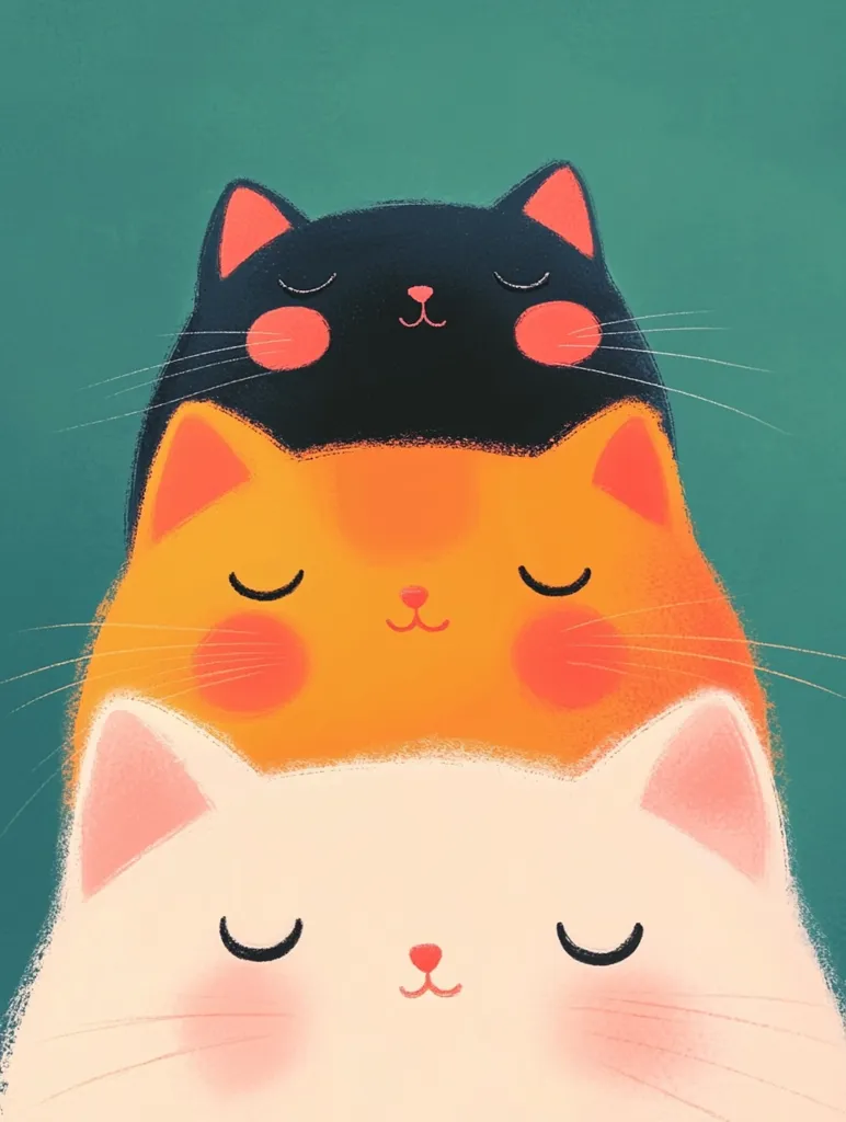 The image depicts three cartoon cats stacked on top of each other, each with their eyes closed and a serene expression. The top cat is black, the middle cat is orange, and the bottom cat is white. The cats have rosy cheeks and are set against a solid green background. The image is simple yet charming, conveying a sense of peacefulness and tranquility.